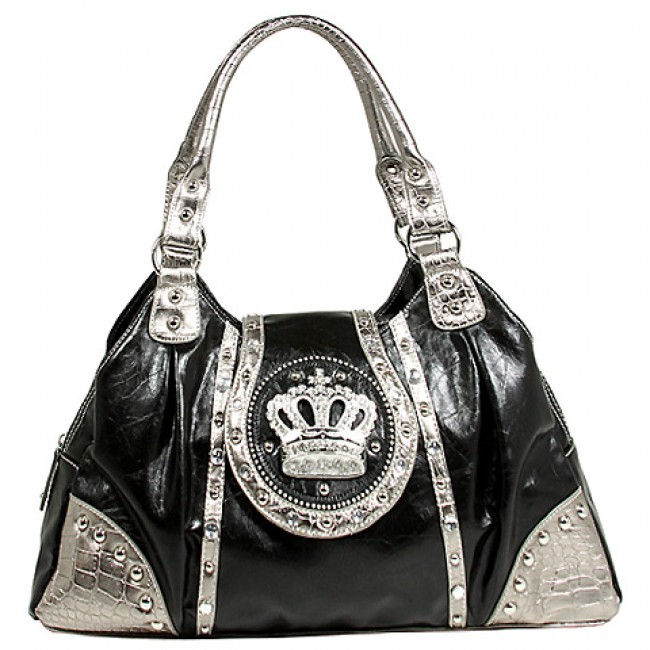 Crown Charm Satchel w/ Flap - Black - BG-CR108BK